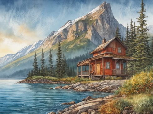 Das Bild zeigt eine malerische Landschaft an Kanadas Westküste. Im Vordergrund steht ein rustikales rotes Holzhaus mit einer Veranda, das direkt am Ufer eines ruhigen Gewässer liegt. Um das Haus herum sind große, grüne Nadelbäume und bunte Pflanzen zu sehen. Im Hintergrund erhebt sich ein beeindruckender Berg mit schneebedecktem Gipfel und sanften Hügeln, die von dichtem Wald umgeben sind. Der Himmel ist blau mit sanften Wolken, die eine friedliche und einladende Atmosphäre schaffen.