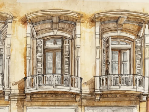 Zwei historische Fenster mit Fensterläden und Balkonen an einer Fassade in warmen Gelbtönen. Die Fenster sind offen, und die Details der Holzverkleidungen sind klar sichtbar. Die Architektur weist elegante Verzierungen auf und strahlt einen charmanten, klassischen Stil aus. Diese Darstellung erinnert an die traditionelle Bauweise in Städten wie Prag.