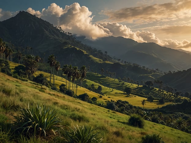 Auf dem Bild ist eine beeindruckende Landschaft mit sanften Hügeln, grünen Wiesen und Palmen zu sehen, umgeben von majestätischen Bergen und einem malerischen Himmel mit Wolken.**Praktische Informationen für deinen Besuch:**1. **Zugang:** Erkundige dich über die besten Zugangsmöglichkeiten zur Region, eventuell durch Wanderwege oder Straßen. Informiere dich über den Zustand der Wege.2. **Ausrüstung:** Trage geeignete Kleidung und festes Schuhwerk, da das Gelände hügelig und uneben sein kann. Sonnencreme und Wasser sind ebenfalls wichtig.3. **Unterkunft:** Wenn du länger bleiben möchtest, recherchiere nach Unterkünften in der Nähe. Es könnten Hotels oder Campingplätze verfügbar sein.4. **Aktivitäten:** Nutze die Gelegenheit für Wanderungen, Fotografie und eventuell Tierbeobachtungen. Informiere dich über lokale Sehenswürdigkeiten.5. **Wetter:** Achte auf die Wettervorhersage, um deinen Besuch entsprechend zu planen. In Bergregionen kann das Wetter schnell wechseln.Viel Spaß bei deinem Besuch!
