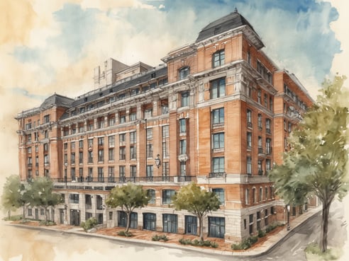 Das Bild zeigt eine künstlerische Aquarelldarstellung des historischen Seelbach Hotels in Louisville. Das Hotel ist ein beeindruckendes, mehrstöckiges Gebäude mit einer Fassade aus rotem Ziegel und eleganten, weißen Stuckdetails. Die Fenster sind groß und klassisch gestaltet, während das Dach mit einem markanten, schrägen Aufsatz verziert ist. Vor dem Hotel befinden sich Bäume und eine gepflegte Umgebung, und die Himmelsschattierungen variieren von sanften Blautönen bis hin zu warmen Erdtönen, die der Szene eine nostalgische Atmosphäre verleihen.