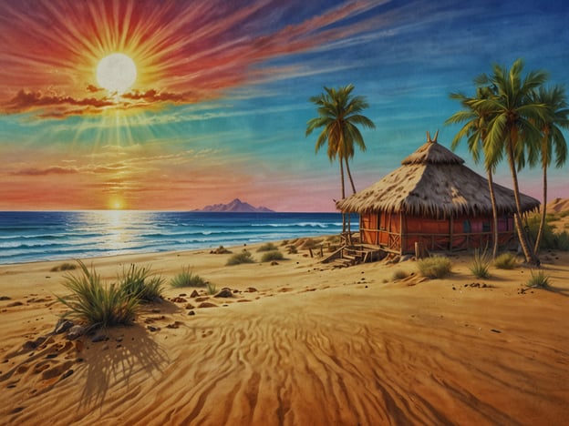Auf dem Bild ist ein malerischer Sonnenuntergang über einem Strand in La Guajira zu sehen, mit sanften Wellen, die an den Sand schlagen. Im Vordergrund sieht man eine große, mit Stroh gedeckte Hütte, umgeben von Palmen und einem unberührten Sandstrand, der zu Abenteuern einlädt.La Guajira ist bekannt für ihre atemberaubenden Landschaften und bieten zahlreiche Erlebnisse. Hier kannst du durch beeindruckende Wüstenlandschaften wandern, die bunten Kulturen der Wayuu-Kultur kennenlernen und die herrlichen Strände erkunden. Aktivitäten wie Windsurfen, Kitesurfen oder das Entdecken versteckter Buchten machen dein Erlebnis unvergesslich.Ein Sonnenuntergang wie der dargestellte lädt dazu ein, den Tag am Strand ausklingen zu lassen, vielleicht beim Lagerfeuer mit lokalen Köstlichkeiten und Geschichten der Einheimischen.