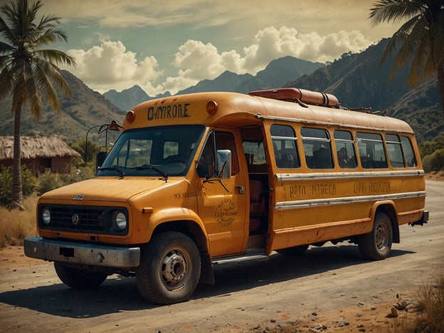 Auf dem Bild ist ein gelber Bus zu sehen, der möglicherweise in einer ländlichen oder tropischen Umgebung geparkt ist, umgeben von Palmen und Bergen.**Praktische Tipps für Reisende:**1. **Sicherheit:** Achten Sie darauf, die Sicherheit des Fahrzeugs zu überprüfen, bevor Sie einsteigen. Fragen Sie lokale Reiseführer nach der Zuverlässigkeit des Busses.2. **Reisezeit:** Informieren Sie sich über die Fahrpläne, da öffentliche Verkehrsmittel in ländlichen Gegenden unregelmäßig sein können.3. **Wasser und Snacks:** Nehmen Sie ausreichend Wasser und Snacks mit, da längere Fahrten in abgelegenen Gebieten ohne Versorgungsmöglichkeiten stattfinden können.4. **Sonnenschutz:** In sonnigen Regionen ist es wichtig, Sonnencreme, einen Hut und Sonnenbrillen mitzunehmen, um sich vor UV-Strahlen zu schützen.5. **Kultur respektieren:** Informieren Sie sich über lokale Bräuche und Sicherheitsvorkehrungen, um respektvoll zu sein und unangenehme Situationen zu vermeiden.Mit diesen Tipps können Sie Ihre Reise sicher und angenehm gestalten!