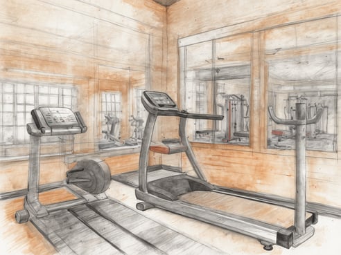 Ein Fitnessraum mit verschiedenen Trainingsgeräten in einer hellen Umgebung. Zu sehen sind ein Laufband und ein Rudergerät, beide mit digitalen Displays. Der Raum hat große Fenster, durch die viel Licht fällt, und die Wände sind in warmen Holztönen gehalten. Im Hintergrund sind weitere Fitnessgeräte sichtbar, die auf eine umfassende Ausstattung hinweisen. Hilton und Peloton bringen Fitness ins Hotelzimmer – trainiere unterwegs wie zu Hause.
