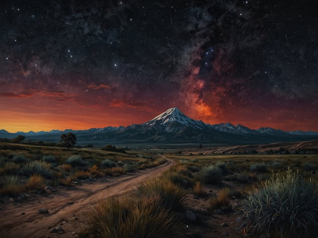 Auf dem Bild ist eine beeindruckende Landschaft zu sehen, die von einem majestätischen Berg dominiert wird. Der Himmel ist mit leuchtenden Sternen und einer farbenfrohen Dämmerung geschmückt, was eine faszinierende Atmosphäre schafft.Der beste Zeitpunkt für einen Besuch wäre sicherlich in den Abendstunden, wenn der Himmel sich verfärbt und die Sterne sichtbar werden, um die Schönheit der Natur in all ihrer Pracht zu beobachten.