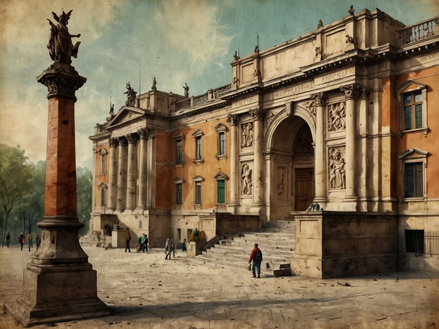 Auf dem Bild ist eine beeindruckende Architektur zu sehen, die vermutlich ein Museum oder ein kulturelles Gebäude darstellt. Die Fassade ist reich verziert mit Skulpturen und Säulen, die an die klassischen Baustile erinnern. Vor dem Gebäude gibt es einen Platz, auf dem mehrere Menschen flanieren, was auf eine lebendige öffentliche Atmosphäre hindeutet.Außerdem ist eine Statue auf einer Säule zu erkennen, die Symbolik und künstlerisches Erbe der Region verkörpern könnte. Diese Art von Bauwerk könnte beispielsweise ein kunsthistorisches Museum oder ein kulturelles Zentrum sein, das Schätze der Kunst- und Kulturgeschichte beherbergt. Orte wie diese sind oft nicht nur für ihre Sammlungen bekannt, sondern auch für ihre architektonische Schönheit und ihre Bedeutung für das kulturelle Erbe.
