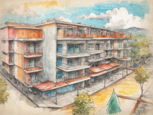 Eine farbenfrohe Skizze eines modernen mehrstöckigen Gebäudes mit Balkonen und großen Fenstern. Die Fassade ist in verschiedenen sanften Farben gehalten, inklusive Orange und Blau. Im Vordergrund sind einige Bäume und ein gepflasterter Platz zu sehen, wo sich ein kleiner Pavillon befindet. Über dem Gebäude sind einige Wolken am blauen Himmel sichtbar. Die Szene vermittelt eine einladende und lebendige Atmosphäre, die besonders für Hostelgäste ansprechend sein könnte.