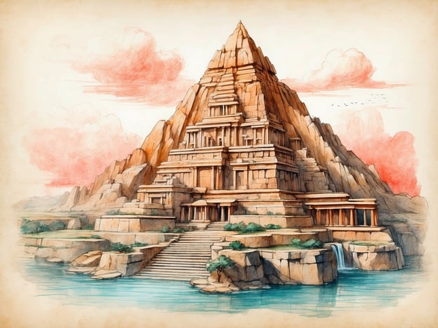 Auf dem Bild ist eine beeindruckende Pyramide oder Tempelstruktur zu sehen, die an antike Baukunst erinnert. In der Geschichte Roms spielte die Architektur eine entscheidende Rolle, oft verbunden mit Religion und Macht. Monumentale Bauten wie Tempel und öffentliche Plätze wurden errichtet, um die Götter zu ehren und den Ruhm Roms zu demonstrieren.Die Struktur könnte hypothetisch als eine Abwandlung eines römischen Tempels betrachtet werden, vielleicht eine Fusion verschiedener kultureller Einflüsse, die während der römischen Expansion aufgenommen wurden. Solche Bauten zeugen von der Ingenieurskunst der Römer und deren Fähigkeit, verschiedene Stile zu adaptieren und zu kombinieren, um dauerhafte und beeindruckende Werke zu schaffen.