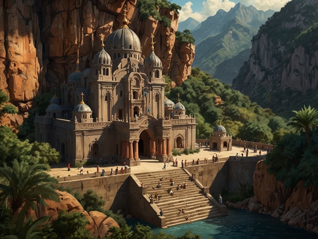 Auf dem Bild ist eine beeindruckende Basilika zu sehen, die zwischen majestätischen Bergen und üppiger Vegetation liegt. Die Architektur ist reich verziert, mit mehreren kupfernen Kuppeln und filigranen Kreuz-Elementen.Besonderheiten der Basilika könnten Folgendes umfassen:1. **Anordnung der Kuppeln**: Die Kuppeln sind unterschiedlich groß und verleihen der Basilika eine dynamische Silhouette, die sich eindrucksvoll gegen die Landschaft abhebt.2. **Materialien**: Die Fassade scheint aus einem hellen Stein oder Putz gebaut zu sein, was den Bau harmonisch in die umgebende Natur integriert.3. **Innengestaltung**: Obwohl die Innenausstattung auf dem Bild nicht zu sehen ist, könnte man annehmen, dass sie reich mit Ikonen, Fresken und kunstvollen Lichtinstallationen geschmückt ist, typisch für viele orthodoxe Kirchen.4. **Lage**: Die Basilika befindet sich an einem malerischen Ort, umgeben von hohen Felsen und üppigem Grün, was eine friedliche Atmosphäre schafft und Besucher anzieht.5. **Zugang**: Die breite Treppe, die zur Basilika führt, lädt Besucher dazu ein, die Stufen hinaufzusteigen, vielleicht als Teil eines spirituellen Rituals oder eines Besuches.Diese Kombination von Architektur und Umgebung verleiht der Basilika eine ergreifende Präsenz, die sowohl zur Anbetung als auch zur Erholung einlädt.