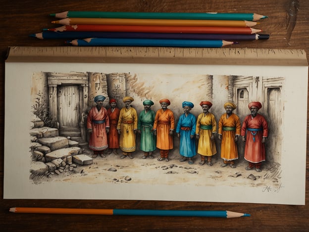 Auf dem Bild sind mehrere Männer in unterschiedlichen farbigen traditionellen Gewändern zu sehen, die möglicherweise aus einer bestimmten Kultur oder Region stammen, die historische oder kulturelle Bedeutung hat. Ihre Kleidung und der Stil deuten darauf hin, dass sie ein Teil einer Gemeinschaft oder einer bestimmten Gruppe sind, vielleicht in einem religiösen oder kulturellen Kontext.Die Darstellung könnte auf die soziale Struktur und die Bedeutung von Santuarios (Heiligtümern oder kulturellen Stätten) hinweisen. In vielen Kulturen sind Santuarios nicht nur Orte des Glaubens, sondern auch Zentren für soziale Interaktionen, kulturelle Traditionen und den Austausch von Wissen. Sie spielen eine zentrale Rolle bei der Bewahrung von identitätsstiftenden Bräuchen und Feierlichkeiten.Darüber hinaus symbolisieren die verschiedenen Farben und Stile der Gewänder möglicherweise die Vielfalt innerhalb der Gemeinschaft und die Bedeutung von Traditionen, die über Generationen weitergegeben werden. Solche Darstellungen fördern das Bewusstsein für das kulturelle Erbe und die Gemeinschaft, die in Santuarios zusammenkommt, um ihre Identität zu feiern und zu stärken.