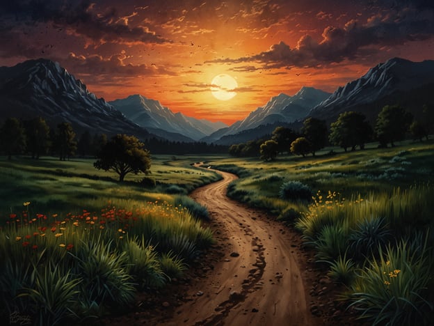 Auf dem Bild ist eine malerische Landschaft zu sehen, die von sanften Hügeln und majestätischen Bergen umgeben ist. Die warme Abenddämmerung färbt den Himmel in goldene und orange Farbtöne, während die Sonne langsam untergeht. Der Weg, der durch die grüne Wiese führt, lädt zu unvergesslichen Erlebnissen und Aktivitäten rund um das Fantasie-Santuario ein.Mögliche Aktivitäten könnten Spaziergänge in der Natur, Fototouren, oder einfach die Zeit am Lagerfeuer verbringen sein. Die idyllische Kulisse bietet eine perfekte Umgebung für Meditation und Entspannung. Man könnte auch lokale Flora und Fauna erkunden oder Picknicks mit Freunden und Familie genießen. Die Atmosphäre verspricht, unvergessliche Erinnerungen zu schaffen!