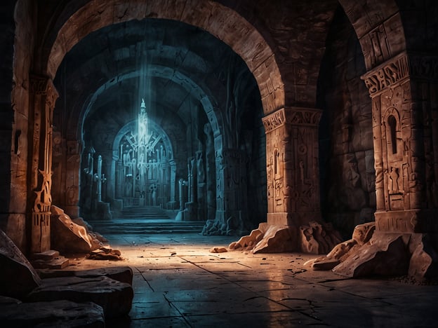 Das Bild zeigt eine beeindruckende, mysteriöse Höhle oder Kathedrale mit hohen, gewölbten Decken und kunstvoll gestalteten Säulen. Es wirkt, als ob sanftes Licht von oben auf eine Art Altar oder Struktur in der Mitte des Raumes strahlt, was die gesamte Szene in ein geheimnisvolles Licht taucht.Diese Darstellung könnte an die faszinierende Geschichte der Salzkathedrale in Zipaquirá, Kolumbien, erinnern. Diese Kathedrale, die aus Salzstein in einem stillgelegten Salzbergwerk erbaut wurde, ist bekannt für ihre beeindruckende Architektur und spirituelle Atmosphäre. Sie zieht Jahr für Jahr Tausende von Besuchern an, die die Kombination aus Kunst und Glauben erleben möchten.Wie die Salzkathedrale besitzt auch das Bild eine eindrucksvolle Aura, die sowohl die Kraft der Natur als auch die Kreativität des Menschen zeigt. Die aufwendigen Details in der Architektur und die mystische Beleuchtung laden dazu ein, die Tiefen der Spiritualität und der Geschichte zu erkunden.