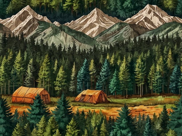 Auf dem Bild sieht man eine idyllische, von dichten Wäldern umgebene Landschaft mit zwei Zelten im Vordergrund und imposanten Bergen im Hintergrund. Diese Umgebung lädt zu zahlreichen Abenteuern ein. Stell dir vor, du könntest eine Wanderung durch die majestätischen Berge unternehmen, den frischen Duft der Tannenbäume inhalieren und vielleicht sogar einen glitzernden Bergsee entdecken, in dem du schwimmen oder angeln kannst.In der Umgebung gibt es viele Möglichkeiten für Erlebnisse wie Lagerfeuerabende mit Geschichten unter dem Sternenhimmel, ausgedehnte Fahrradtouren durch die Wälder oder spannende Tierbeobachtungen. Du könntest auch eine Nacht unter den Sternen im Zelt verbringen und den Klang der Natur genießen, während du über das nächste Abenteuer nachdenkst – sei es das Erklimmen eines Gipfels oder das Entdecken versteckter Wanderpfade in dieser traumhaften Landschaft.