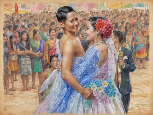 Zwei Frauen stehen in festlicher Hochzeitskleidung im Vordergrund und umarmen sich liebevoll. Eine der Frauen trägt ein hellblaues Kleid mit Spitze, während die andere in einem weißen Kleid mit einer blühenden Haarschmuck dekoriert ist. Im Hintergrund sind zahlreiche Menschen zu sehen, die den Moment beobachten und Freude ausstrahlen. Einige halten bunte Fahnen und Blumenarrangements. Die gesamte Szene vermittelt eine feierliche Atmosphäre, die die Feierlichkeit der gleichgeschlechtlichen Ehe und die Unterstützung für LGBTQ+ Rechte feiert.