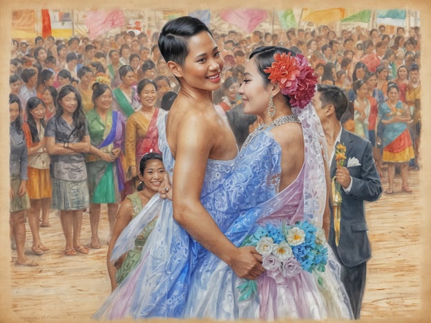 Zwei Frauen stehen in festlicher Hochzeitskleidung im Vordergrund und umarmen sich liebevoll. Eine der Frauen trägt ein hellblaues Kleid mit Spitze, während die andere in einem weißen Kleid mit einer blühenden Haarschmuck dekoriert ist. Im Hintergrund sind zahlreiche Menschen zu sehen, die den Moment beobachten und Freude ausstrahlen. Einige halten bunte Fahnen und Blumenarrangements. Die gesamte Szene vermittelt eine feierliche Atmosphäre, die die Feierlichkeit der gleichgeschlechtlichen Ehe und die Unterstützung für LGBTQ+ Rechte feiert.