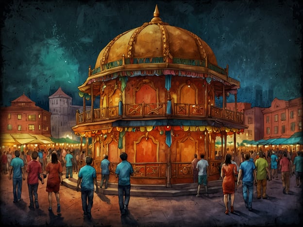 Auf dem Bild ist ein lebhaftes Nachtleben in einer Stadt zu sehen, das von farbenfrohen Lichtern und einer festlichen Atmosphäre geprägt ist. Im Mittelpunkt steht ein prächtig gestalteter Pavillon mit einer goldenen Kuppel, der als kulturelles Highlight fungiert. Um den Pavillon versammeln sich Menschen, die an einem Markt oder Fest teilnehmen, was auf eine rege soziale Interaktion hinweist.Die Umgebung scheint ein Fest oder eine Nachtveranstaltung zu sein, die möglicherweise lokale Kunst, Musik und kulinarische Köstlichkeiten umfasst. Diese Art von Ereignis bringt die Gemeinschaft zusammen und feiert die kulturelle Vielfalt und Traditionen der Region. Die bunte Kleidung der Menschen und die festliche Dekoration verstärken das Gefühl von Freude und Zusammengehörigkeit, das typisch für kulturelle Feste ist.
