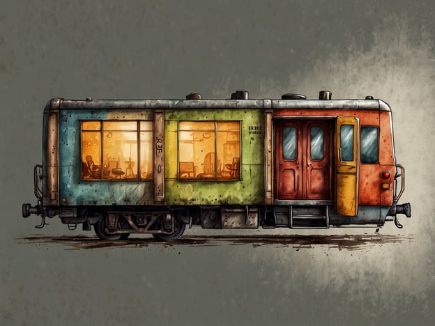 Auf dem Bild ist ein bunter Zugwagen zu sehen, der in verschiedenen Farben gestrichen ist, darunter Blau, Grün und Orange. Die Fenster des Waggons sind beleuchtet, was einen gemütlichen Innenraum vermuten lässt, möglicherweise mit Tischen und Stühlen, die auf eine einladende Atmosphäre hinweisen. Es scheint ein einzigartiger Ort zu sein, der eventuell als Café oder Aufenthaltsraum dient.Solche kreativen Unterkünfte bieten eine interessante Möglichkeit für Reisende, die nach Alternativen zu herkömmlichen Hotels suchen, und sie sind oft für verschiedene Geldbeutel geeignet.