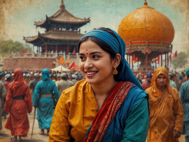 Auf dem Bild ist eine Person in traditioneller Kleidung zu sehen, die inmitten einer festlichen Menschenmenge lächelt. Im Hintergrund sind beeindruckende architektonische Strukturen und bunte Flaggen zu erkennen, die auf ein kulturelles Event oder Fest hinweisen.Solche Szenen sind oft charakteristisch für große Feste wie das Kumbh Mela in Indien, wo Tausende von Pilgern zusammenkommen, um rituelle Zeremonien zu feiern. Die Farben und die Vielfalt der Kleidung symbolisieren die reiche Kultur und Tradition, die mit solchen Anlässen verbunden sind. Solche Events bieten nicht nur eine Plattform für spirituelle Praktiken, sondern fördern auch das Zusammenkommen verschiedener Gemeinschaften und den Austausch von kulturellen Werten.