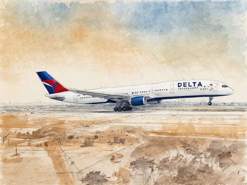 Ein gepunktetes Wasserfarbenbild eines Delta Airlines Flugzeugs, das auf einer Landebahn steht. Das Flugzeug hat die charakteristische rot-blaue Schwanzflosse mit dem Delta-Logo und ist auf einem leicht bewölkten Hintergrund mit sanften Farbtönen dargestellt. Die Landschaft um das Flugzeug herum zeigt flache Flächen und einige unscharfe Elemente, die auf die Umgebung hinweisen.