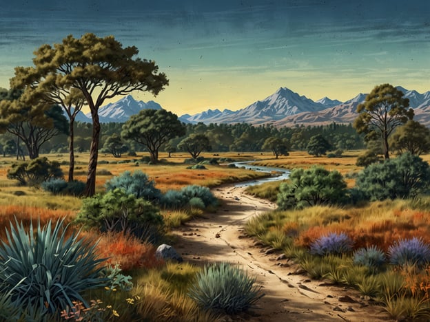Auf dem Bild ist eine malerische Landschaft zu sehen, die typisch für einen Nationalpark ist. Es gibt eine abwechslungsreiche Vegetation mit Bäumen, Sträuchern und verschiedenen Grasarten, die die Biodiversität des Gebiets widerspiegelt. Diese Vielfalt an Pflanzen bietet Lebensraum und Nahrung für eine Vielzahl von Tieren und trägt somit zur Stabilität des Ökosystems im Nationalpark bei. Der klare Fluss, der durch die Landschaft fließt, ist ein weiteres wichtiges Element, das die Umwelt nachhaltig unterstützt und zur Erhaltung der ökologischen Balance beiträgt. Die Berge im Hintergrund vervollständigen das Bild und unterstreichen die natürliche Schönheit und die Vielfalt der Landschaft.