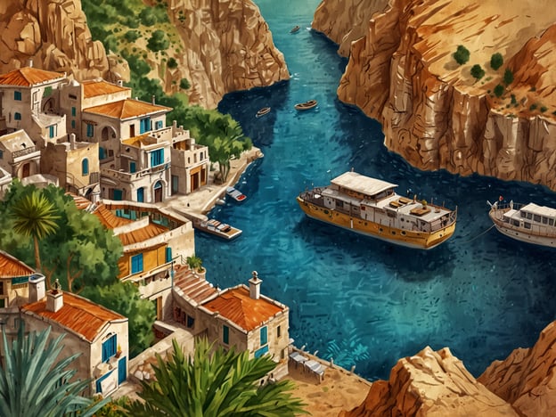 Das Bild zeigt eine malerische Küstenlandschaft mit einem kleinen Hafen, umgeben von steilen Klippen und historischen Gebäuden. Die geographische Lage weist auf eine Küstenregion hin, wahrscheinlich im Mittelmeerraum, wo ähnliche Landschaften häufig vorkommen.Die klimatischen Bedingungen in dieser Region sind in der Regel warm und trocken, mit milden Wintern und heißen, sonnigen Sommern. Diese Bedingungen fördern die maritime Vegetation, die in der Abbildung sichtbar ist, sowie die Erhaltung der der Architektur, die typischerweise für Küstenniederlassungen in mediterranen Klimata charakteristisch ist. Die Boote im Wasser deuten auf eine kulturelle Verbindung zur Seefahrt und möglicherweise auch auf Fischerei oder Tourismus hin.