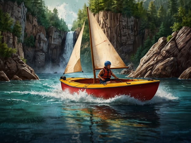 Auf dem Bild ist ein Abenteurer zu sehen, der in einem bunten Segelboot auf einem klaren Gewässer fährt. Im Hintergrund befindet sich ein majestätischer Wasserfall, umgeben von hohen Felsen und üppigem Grün. Diese Szenerie lädt zu aufregenden Aktivitäten ein, wie zum Beispiel:1. **Segeln**: Die Kunst des Segelns ist nicht nur spannend, sondern bietet auch die Möglichkeit, die Natur hautnah zu erleben.2. **Wassersport**: Kajakfahren oder Stand-Up-Paddling könnten hier ebenfalls großartige Möglichkeiten sein, die Umgebung zu erkunden.3. **Wanderungen**: Die umliegenden Berge und Wälder bieten beste Gelegenheiten für Erlebnistouren und Wanderungen.4. **Fotografie**: Die beeindruckenden Landschaften wären ein Paradies für Fotografen, um die Schönheit der Natur festzuhalten.Solche Abenteuer fördern nicht nur das Entdecken, sondern auch den Kontakt zur Natur und die Freude an der Bewegung.