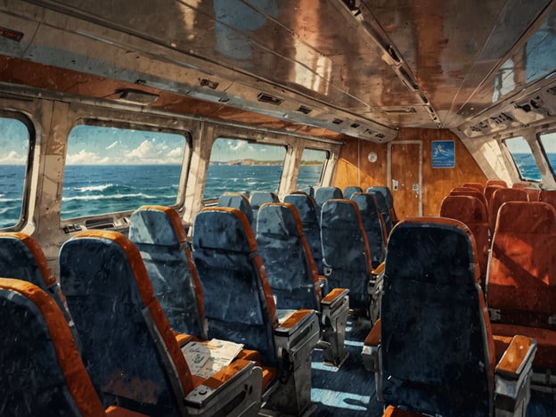 Auf dem Bild ist das Innere eines Bootes oder einer Fähre zu sehen, mit sichtbaren Sitzen und Fenstern, die auf das Meer blicken.Um nach Nuquí zu gelangen, gibt es verschiedene Transportmöglichkeiten. Die Region ist meist über das Wasser erreichbar, oft durch Fähren oder Schnellboote, die von Städten wie Medellín oder Quibdó ablegen. Alternativ kann man auch den Flugzeug nehmen, da Nuquí einen kleinen Flughafen hat, der Verbindungen zu einigen größeren Städten bietet.
