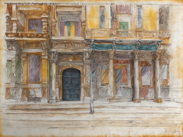 Ein historisches Gebäude mit kunstvoll gestalteter Fassade, das mit bunten Fenstern und elegantem Stuck verziert ist. Die Architektur zeigt mehrere Säulen und Balkone, die die Fassade gliedern. Die Eingangstür ist aus Holz und wirkt massiv. Die Gesamtatmosphäre des Bildes vermittelt einen nostalgischen und kulturellen Charme, unterstrichen durch sanfte watercolor-Techniken, die die Details der Struktur hervorheben.