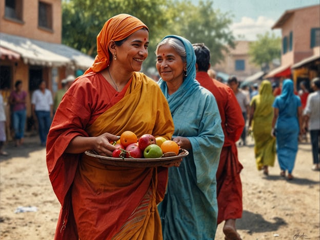 Auf dem Bild sind zwei Frauen zu sehen, die traditionelle Kleidung tragen, die reich an Farben ist. Die Frau vorne trägt ein oranges und gelbes Gewand und hat einen Korb mit frischen Früchten in der Hand, während die Frau im Hintergrund in einem blauen Sari ein warmes Lächeln zeigt. Diese Szenerie vermittelt ein Gefühl von Gemeinschaft und dem alltäglichen Leben auf einem Markt.Solche Märkte sind oft kulturelle Highlights in vielen Ländern, wo lokale Gemeinschaften zusammenkommen, um frische Produkte einzukaufen und soziale Kontakte zu pflegen. Die bunten Kleider der Frauen reflektieren die Vielfalt und den Reichtum der lokalen Traditionen, und die Früchte symbolisieren die Fruchtbarkeit und die landwirtschaftliche Basis der Region. Märkte sind nicht nur Orte des Handels, sondern auch Zentren des kulturellen Austauschs und des sozialen Lebens.