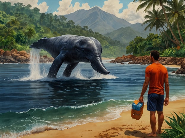 Auf dem Bild ist eine surrealistische Darstellung eines Elefanten zu sehen, der aus dem Wasser springt, während ein Mann mit einem Rucksack am Strand steht. Diese Szene könnte in einer tropischen Umgebung wie in Nuquí, Kolumbien, angesiedelt sein.**Praktische Tipps für deinen Nuquí-Besuch:**1. **Anreise:** Nutze Inlandsflüge von Städten wie Medellín nach Nuquí, da die Region abgelegen ist.2. **Unterkünfte:** Wähle zwischen Öko-Lodges oder lokalen Gästehäusern, um die kulturelle Erfahrung zu maximieren.3. **Aktivitäten:** Plane Ausflüge zur Walbeobachtung (von Juli bis Oktober) und besuche die umliegenden Strände und Regenwälder.4. **Essen:** Genieße lokale Küche, vor allem frischen Fisch und traditionelle Gerichte.5. **Ausrüstung:** Packe leichte Kleidung, Badesachen und Regenschutz ein. Schnorchelausrüstung kann ebenfalls nützlich sein.6. **Währung:** Stelle sicher, dass du genügend Bargeld dabei hast, da nicht alle Orte Kreditkarten akzeptieren.7. **Respektiere die Natur:** Achte auf die lokale Flora und Fauna und halte Abstände ein, um die Tierwelt nicht zu stören.