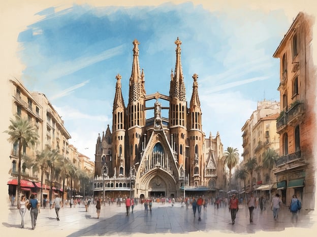Auf dem Bild ist die berühmte Basilica de la Sagrada Família in Barcelona zu sehen. Diese beeindruckende Kathedrale, entworfen von Antoni Gaudí, ist eines der bekanntesten Wahrzeichen der Stadt und zieht jährlich Millionen von Touristen an.Die Sagrada Família ist bekannt für ihre einzigartigen architektonischen Formen und detailreichen Fassaden, die sowohl gotische als auch jugendstilistische Elemente kombinieren. Zudem ist sie ein UNESCO-Weltkulturerbe und befindet sich noch immer im Bau, was sie zu einem faszinierenden Ort für Besucher macht.In der Umgebung sind auch Palmen und historische Gebäude zu erkennen, was das mediterrane Flair Barcelonas unterstreicht.