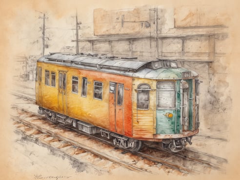 Ein farbenfroher Zug steht auf einem Bahnhofsgleis. Der Zug hat eine leuchtend orangefarbene und gelbe Farbgebung mit grünen Akzenten an der Vorderseite. Im Hintergrund sind unscharfe Gebäude und Stromleitungen zu sehen, was eine städtische Umgebung andeutet. Der Zug ist in einem skizzenhaften Stil dargestellt, der eine nostalgische Atmosphäre vermittelt und die Idee des nachhaltigen Reisens unterstreicht.