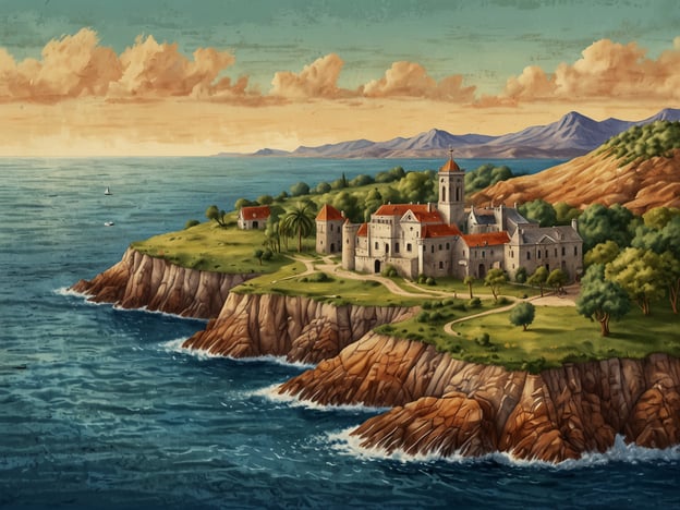Auf dem Bild ist eine malerische Küstenlandschaft mit einer historischen Siedlung zu sehen. Die Siedlung liegt auf einem kleinen Hügel, umgeben von Meer und Küstenfelsen. Die Architektur deutet auf eine historische Zeit hin, möglicherweise im Mittelalter, mit reizvollen Steingebäuden und roten Ziegeldächern.Geographisch könnte dieses Szenario einer mediterranen Insel ähneln, wie etwa den vielen kleinen Inseln in der Adria oder im Ägäischen Meer. Diese Regionen sind bekannt für ihre dramatische Küstenlandschaft und ihre zahlreichen Buchten. Historisch betrachtet waren solche Siedlungen oft strategisch günstig gelegen, um Handel und Verteidigung zu erleichtern. In vielen Fällen wurden diese Gebiete von verschiedenen Kulturen und Zivilisationen besiedelt, darunter die Römer, Byzantiner und Venezianer, was zu einer reichen kulturellen Mischung führte.Die Natur um die Siedlung, mit üppigen Bäumen und sanften Hügeln, sowie das klare Wasser deuten darauf hin, dass dieser Ort nicht nur historisch, sondern auch landschaftlich von Bedeutung ist, was ihn zu einem beliebten Ziel für Touristen und Geschichtsinteressierte macht.