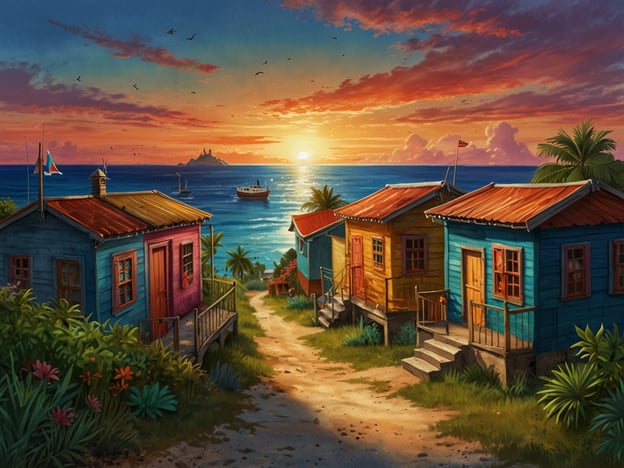 Auf dem Bild ist eine malerische Küstenlandschaft mit bunten Holzhäusern zu sehen, die an einem sonnigen Abend stehen. Der Sonnenuntergang malt den Himmel in warmen Farben, während das Licht auf dem Wasser glitzert. Im Hintergrund ist eine kleine Insel sichtbar, auf der möglicherweise weitere Häuser oder Klippen stehen.Diese Szenerie erinnert an das einzigartige Leben auf Santa Cruz del Islote, einer der dichtest besiedelten Inseln der Welt, wo die bunten Häuser und die natürliche Schönheit der Umgebung das tägliche Leben prägen. Die Bewohner sind eng mit dem Ozean verbunden, und ähnliche Sonnenuntergänge sind Teil ihres alltäglichen Lebens.