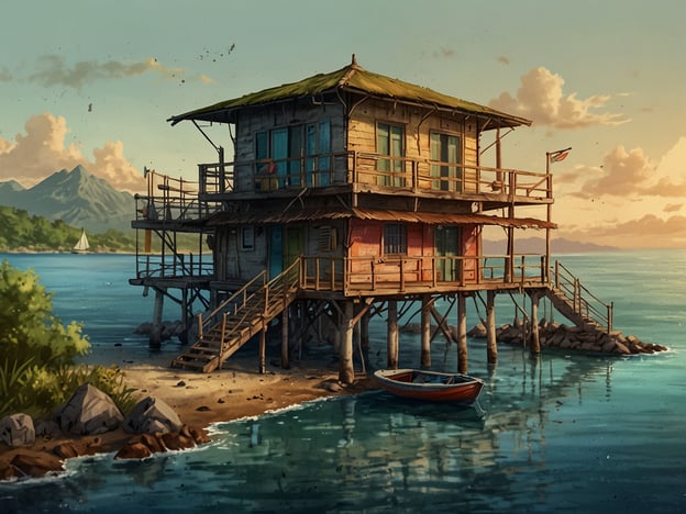 Auf dem Bild ist ein traditionelles Holzhaus zu sehen, das über dem Wasser auf Pfählen steht. Es ist umgeben von einer malerischen Küstenlandschaft mit grünen Pflanzen und Bergen im Hintergrund. Das Haus zeigt eine einfache, aber funktionale Architektur, die typisch für das Leben auf einer Insel ist.In Bezug auf die Infrastruktur sieht man eine Treppe, die den Zugang zum Haus ermöglicht, sowie ein kleines Boot, das an der Uferlinie angedockt ist. Diese Elemente deuten darauf hin, dass der Alltag der Bewohner stark mit dem Wasser und der Natur verbunden ist. Aktivitäten wie Fischen oder Bootfahren sind wahrscheinlich alltäglich, während das Haus als zentraler Lebensraum dient, der eine Gemeinschaft und familiäre Zusammenkünfte fördert.