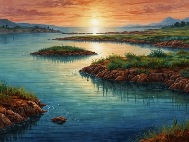 Auf dem Bild ist eine malerische Küstenlandschaft mit einer ruhigen Lagune zu sehen. Die Lagune ist durch kleine, bewachsene Inseln und felsige Ufercharakteristika geprägt. Solche Küstenlagunen sind typischerweise flache Gewässer, die durch Sandbänke oder Korallenriffe vom offenen Meer getrennt sind.Geografisch betrachtet bieten diese Lagunen wichtige Lebensräume für zahlreiche Pflanzen- und Tierarten, insbesondere für Vögel und Fische. Sie spielen eine entscheidende Rolle als Brut- und Aufzuchtgebiete, da das ruhige Wasser Schutz vor Raubtieren bietet und Nahrungsquellen bereitstellt.Zusätzlich beeinflussen Küstenlagunen die Küstenerosion und tragen zur Stabilität der Küstenlinien bei. Das Bild vermittelt eine friedliche Stimmung, die die Schönheit und ökologische Bedeutung solcher Landschaften hervorhebt, insbesondere bei Sonnenuntergang, wenn Licht und Wasser in sanften Farben reflektiert werden.