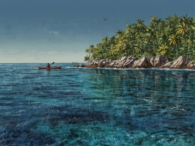 Auf dem Bild sieht man eine ruhige Küstenlandschaft mit klarem Wasser und einem kayakfahrenden Abenteurer. Diese Szene lädt zu aufregenden Aktivitäten ein, wie zum Beispiel:1. **Kajakfahren**: Erkunde die versteckten Buchten und gehe in die unberührte Natur.2. **Schnorcheln**: Entdecke die Unterwasserwelt und beobachte die vielfältige Meeresfauna und -flora.3. **Wanderungen**: Erkunden der umliegenden Inseln mit ihren grünen Palmen und schroffen Felsen.4. **Vogelbeobachtung**: Halte Ausschau nach verschiedenen Vogelarten, die in der Nähe nisten.5. **Fotografie**: Halte die atemberaubenden Landschaften und das klare Wasser fest.Diese Aktivitäten versprechen ein unvergessliches Abenteuer in der Natur!