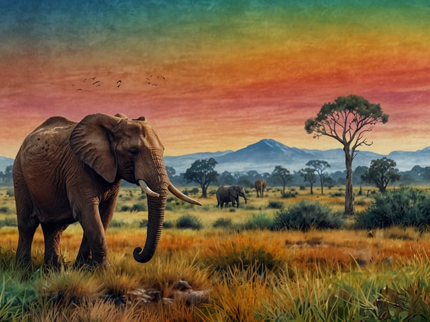 Auf dem Bild ist eine beeindruckende Landschaft zu sehen, die die Vielfalt der Ökosysteme in einem Nationalpark darstellt. Im Vordergrund steht ein Elefant, der typisch für Savannen-Ökosysteme ist. Diese Umgebung ist geprägt von hohen Gräsern und einzelnen Bäumen, die Schatten bieten und Lebensraum für viele Tierarten darstellen.
Im Hintergrund sind sanfte Hügel oder Berge zu sehen, die dem Landschaftsbild Tiefe verleihen. Der bunte Himmel, der von warmen Farben wie Orange und Blau geprägt ist, deutet auf einen Sonnenuntergang hin und verstärkt die natürliche Schönheit der Szene.
Diese Vielfalt an Pflanzen und Tieren in solch einem Nationalpark zeigt, wie wichtig der Erhalt dieser Ökosysteme für die Artenvielfalt und das Gleichgewicht der Natur ist. Solche Lebensräume sind entscheidend für zahlreiche Arten und tragen zur ökologischen Gesundheit des Planeten bei.