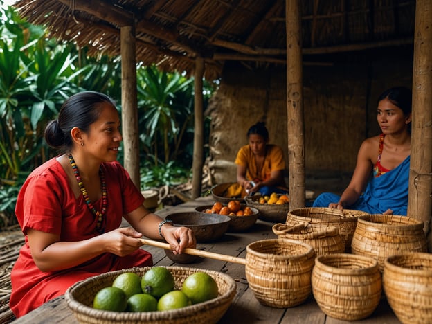 Auf dem Bild sieht man Frauen, die in einem traditionellen Umfeld arbeiten. Sie sind umgeben von Körben mit frischen Früchten, was auf eine lokale Ernte oder einen Markt hindeutet. Solche Szenen sind oft Teil kultureller Erlebnisse in vielen Gemeinschaften, wo Frauen eine zentrale Rolle in der Lebensmittelproduktion und -verarbeitung spielen.Die Kleidung der Frauen könnte auf ihre kulturellen Traditionen hinweisen, was häufig in handgefertigten Stoffen und typischen Farben der Region zu sehen ist. Solche Traditionen werden oft durch jahrzehntelange Praktiken und Bräuche weitergegeben, die das Gemeinschaftsleben und die Identität stärken.Das Zusammensitzen und Arbeiten in Gruppen kann auch ein sozialer Akt sein, der den Austausch von Geschichten und Wissen fördert, was in vielen Kulturen von großer Bedeutung ist. Solche Gemeinschaftserlebnisse schaffen ein Gefühl der Zusammengehörigkeit und des Teilens, das in ländlichen oder indigenen Gemeinschaften besonders geschätzt wird.