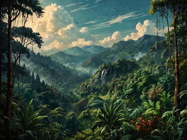 Auf dem Bild sind die faszinierenden Nebelwälder des Tatamá zu sehen. Die Landschaft zeigt üppige, grüne Vegetation, darunter hohe Bäume und dichtes Gestrüpp, umgeben von majestätischen Bergen. Der Himmel ist teilweise bewölkt, und die sanften Nebelschwaden verleihen der Szene eine mystische Atmosphäre. Diese Umgebung ist charakteristisch für die reichhaltige Biodiversität und die einzigartigen Ökosysteme, die in den Nebelwäldern zu finden sind.