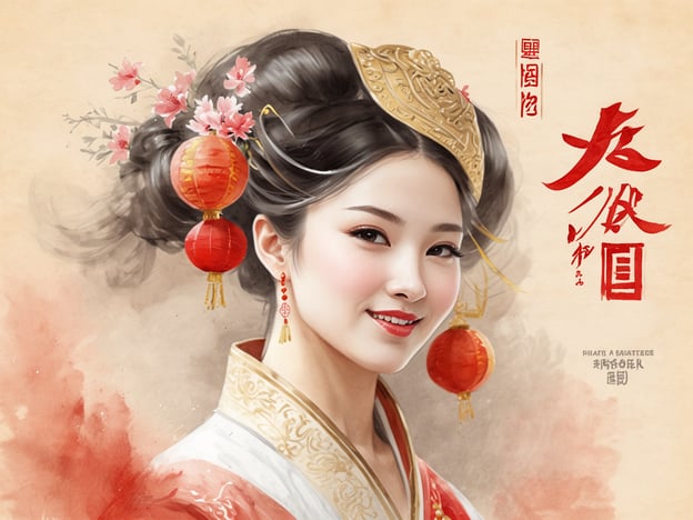 Eine junge Frau mit traditionellem chinesischem Gewand lächelt freundlich in die Kamera. Ihr Haar ist elegant hochgesteckt und wird von roten Laternen und Blumen geschmückt. Im Hintergrund sind warme Farbnuancen zu sehen, die festliche Stimmung ausstrahlen. Eingetüpfelt in die Szene befinden sich chinesische Schriftzeichen, die auf das Feiern des Neujahres hindeuten.