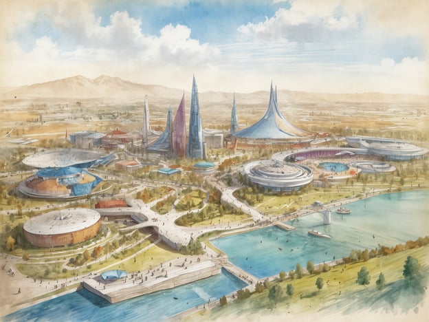 Das Bild zeigt eine künstlerische Darstellung eines futuristischen Messegeländes, das für die EXPO 2025 in Japan entworfen wurde. Verschiedene moderne Gebäude mit einzigartigen architektonischen Stilen, darunter spitz zulaufende Türme und runde Pavillons, sind umgeben von einer begrünten Landschaft. Ein Gewässer verläuft am Rand des Geländes, mit Booten, die darauf fahren. Menschen bewegen sich durch die Areale, während im Hintergrund sanfte Hügel und ein klarer Himmel zu sehen sind. Das Gesamtbild vermittelt eine lebendige und einladende Atmosphäre für Besucher der Expo.