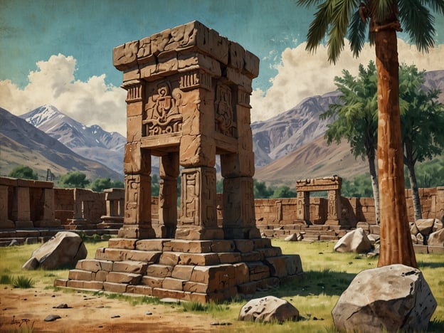 Auf dem Bild ist eine künstlerische Darstellung eines archäologischen Standortes zu sehen, der den San Agustín Park in Kolumbien repräsentiert. Der Park ist bekannt für seine bedeutenden prähispanischen steinernen Statuen und Zeremonialstrukturen. Im Hintergrund sind majestätische Berge zu erkennen, die zur beeindruckenden Kulisse des Parks beitragen.Die monumentalen Steinskulpturen, wie die abgebildete, sind typisch für die Region und zeigen oft geheimnisvolle und religiöse Symbolik der indigenen Kulturen. Die tropische Vegetation mit Palmen und der Weidebereich verstärkt das Gefühl der Naturverbundenheit, das der Park ausstrahlt. Solche geographischen Highlights machen San Agustín zu einem einzigartigen und faszinierenden Ort für Besucher und Historiker gleichermaßen.