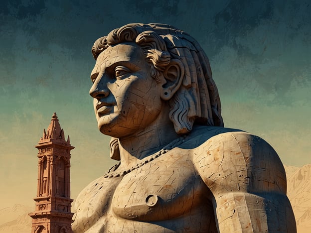 Auf dem Bild ist eine monumentale Skulptur zu sehen, die einen muskulösen männlichen Körper darstellt. Diese Art von Kunstwerk erinnert an die großen Statuen der Antike, wie den Koloss von Rhodos oder die Statue von Zeus.Zusätzlich ist im Hintergrund ein weiteres Bauwerk sichtbar, das an beeindruckende antike Türme oder Monumente erinnert, ähnlich den Säulen der antiken griechischen Architektur oder den Tempeln aus der römischen Zeit. Solche Skulpturen und Monumente symbolisieren oft Macht, Göttlichkeit oder wichtige historische Figuren und gehören zu den bedeutendsten Kunstwerken der antiken Zivilisationen.