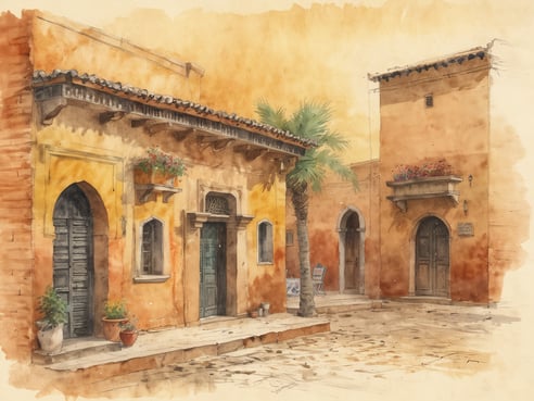 Eine idyllische Straßenszene mit warmen, orangefarbenen Wänden, die typisch für die italienische Architektur ist. Auf der linken Seite steht ein charmantes Gebäude mit einer blauen Holztür und einem kleinen Fenster darüber, das mit blühenden Pflanzen geschmückt ist. Daneben befindet sich ein weiterer Eingangsbereich mit einer eleganten Bogenöffnung und einer grünen Tür. Eine Palme spendet Schatten in der Mitte des Bildes, während die rechte Seite ein weiteres Gebäude mit einer Holzdoor und Blumenkästen zeigt. Der gepflasterte Boden ergänzt das malerische italienische Ambiente dieser Straße in Jeddah.