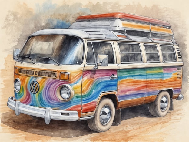 Ein bunt bemalter Volkswagen Bus steht vor einem sanft verwaschenen Hintergrund. Der Bus hat ein auffälliges, geometrisches Farbmuster in verschiedenen bunten Tönen und einen Dachgepäckträger. Die Schiebetür und die Fenster sind gut sichtbar, und die runden Scheinwerfer verleihen dem Fahrzeug einen nostalgischen Charme. Der Untergrund wirkt sandig, was auf einen Outdoor- oder Camping-Kontext hindeutet. Erlebe den neuen VW Caravelle als ultimativen Camper Van auf der CMT 2025.