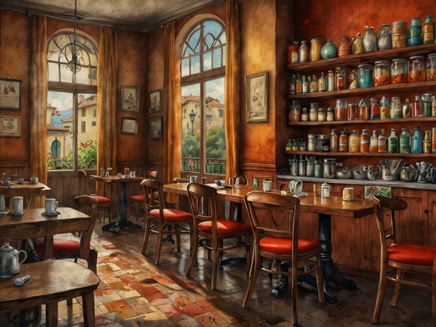 Auf dem Bild ist ein gemütliches Restaurant oder Café zu sehen, das mit warmen Farben und viel Holz gestaltet ist. Große Fenster lassen Licht herein und bieten einen Blick auf eine malerische Landschaft. Die Tische sind rustikal, einige mit Tassen und einem Teekännchen gedeckt, während eine Regalwand mit verschiedenen Gläsern und Töpfen gefüllt ist. Diese Atmosphäre spiegelt das Konzept von Pereiras Gastronomie wider: Ein Fest für die Sinne, bei dem die Kombination aus Geruch, Geschmack und visuellem Genuss im Mittelpunkt steht. Die Einrichtung lädt dazu ein, die verschiedenen Aromen und Köstlichkeiten der Speisekarte in einem einladenden Ambiente zu erleben.
