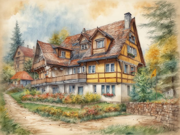 Ein stilvolles, zweigeschossiges Ferienhaus mit einer Mischung aus Holz- und Putzfassade ist abgebildet. Es zeigt ein traditionelles architektonisches Design, das mit vielen Fenstern und einem Balkon ausgestattet ist. Der Garten ist farbenfroh mit Blumen bepflanzt und ein gepflasterter Weg führt zum Haus. Im Hintergrund sind weitere Häuser und Bäume zu sehen, die eine ruhige, ländliche Umgebung vermitteln.