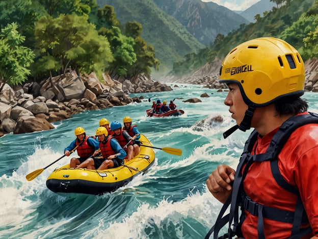 Auf dem Bild ist eine aufregende Szene zu sehen, die sich in einem wildromantischen Fluss abspielt. Gruppen von Abenteurern fahren mit Gelben Schlauchbooten raften. Sie tragen Helme und Schwimmwesten, was auf den Herausforderungen des rauschenden Wassers hinweist. Im Hintergrund sind faszinierende Berge und üppige Vegetation zu sehen, die die Landschaft kurvenreich und malerisch gestalten. Solche Aktivitäten wie Rafting bieten jede Menge Adrenalin und ein unvergessliches Naturerlebnis für Abenteuerlustige.