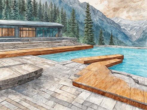 Eine moderne Architektur mit großen Fenstern und einer Terrasse aus Holz und Stein ist im Vordergrund zu sehen. Vor dem Gebäude befindet sich ein Pool mit klarem Wasser, umgeben von einer Holzveranda. Im Hintergrund erheben sich majestätische Berge, die mit Bäumen bewachsen sind und von einem bewölkten Himmel umrahmt werden. Der Raum strahlt eine ruhige und luxuriöse Atmosphäre aus, ideal für ein Thermalbad am Lake Louise, das ab 2025 eröffnet wird.