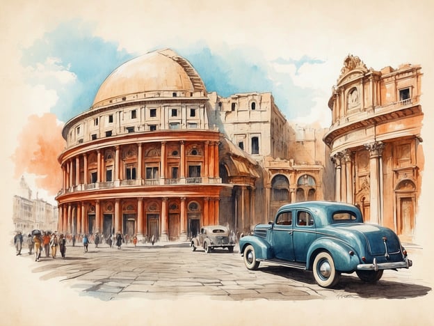 Auf dem Bild ist eine künstlerische Darstellung eines architektonischen Gebäudes zu sehen, das an einen historischen Ort erinnert, möglicherweise im klassischen Stil. Die Szene zeigt auch einige Autos aus einer vergangenen Zeit und eine Gruppe von Passanten, die sich um die Struktur versammeln. Dies könnte an die Pracht der traditionellen Städte erinnern, während ähnliche architektonische Stile auch in London zu finden sind, wo historische Gebäude wie der St. Paul's Cathedral oder das British Museum die Geschichte der Stadt widerspiegeln. London ist bekannt für ihre Mischung aus alter und neuer Architektur, was die Entwicklung der Stadt über Jahrhunderte hinweg zeigt.